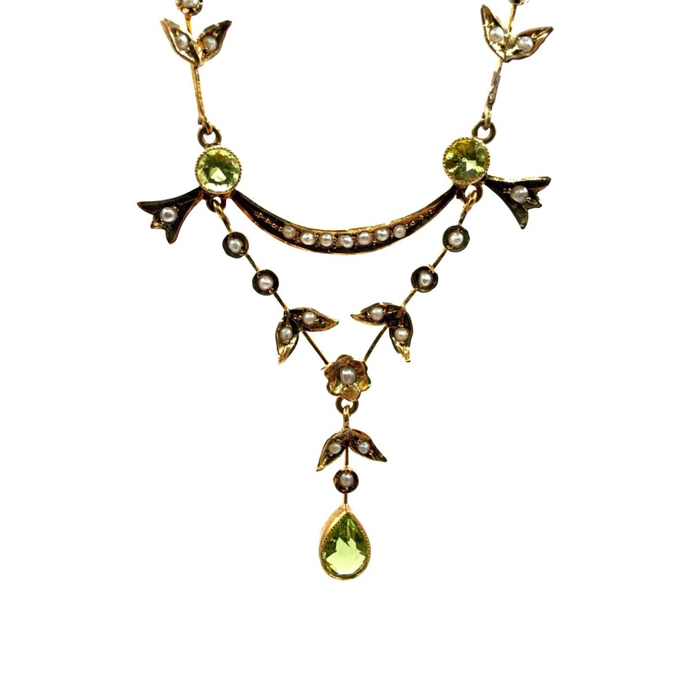 Vintage 14K Gold Festoon Lavalier Necklace Glass Seed Pearl Edwardian Style 15in